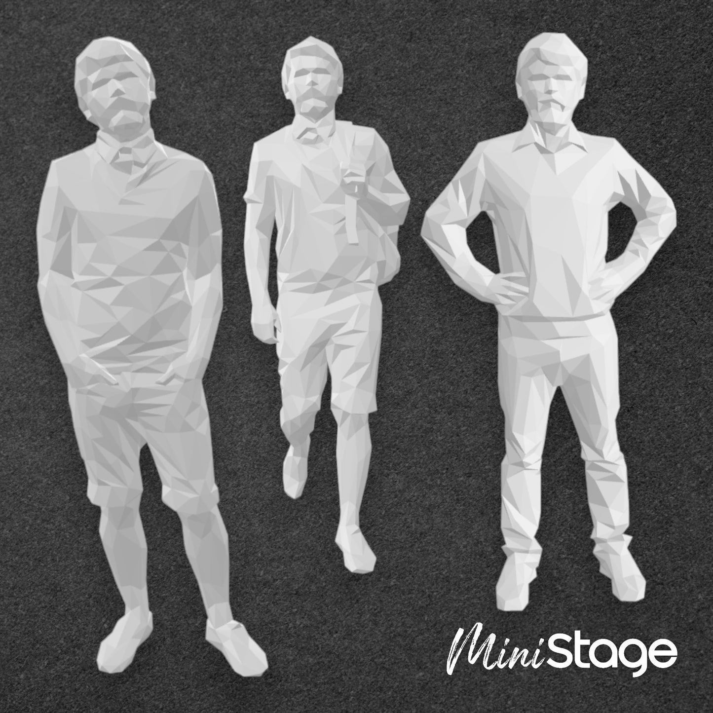 Robert - Set of Three Low Poly Scale Figures of a male with a Mustache and Beard wearing Casual Clothing.
