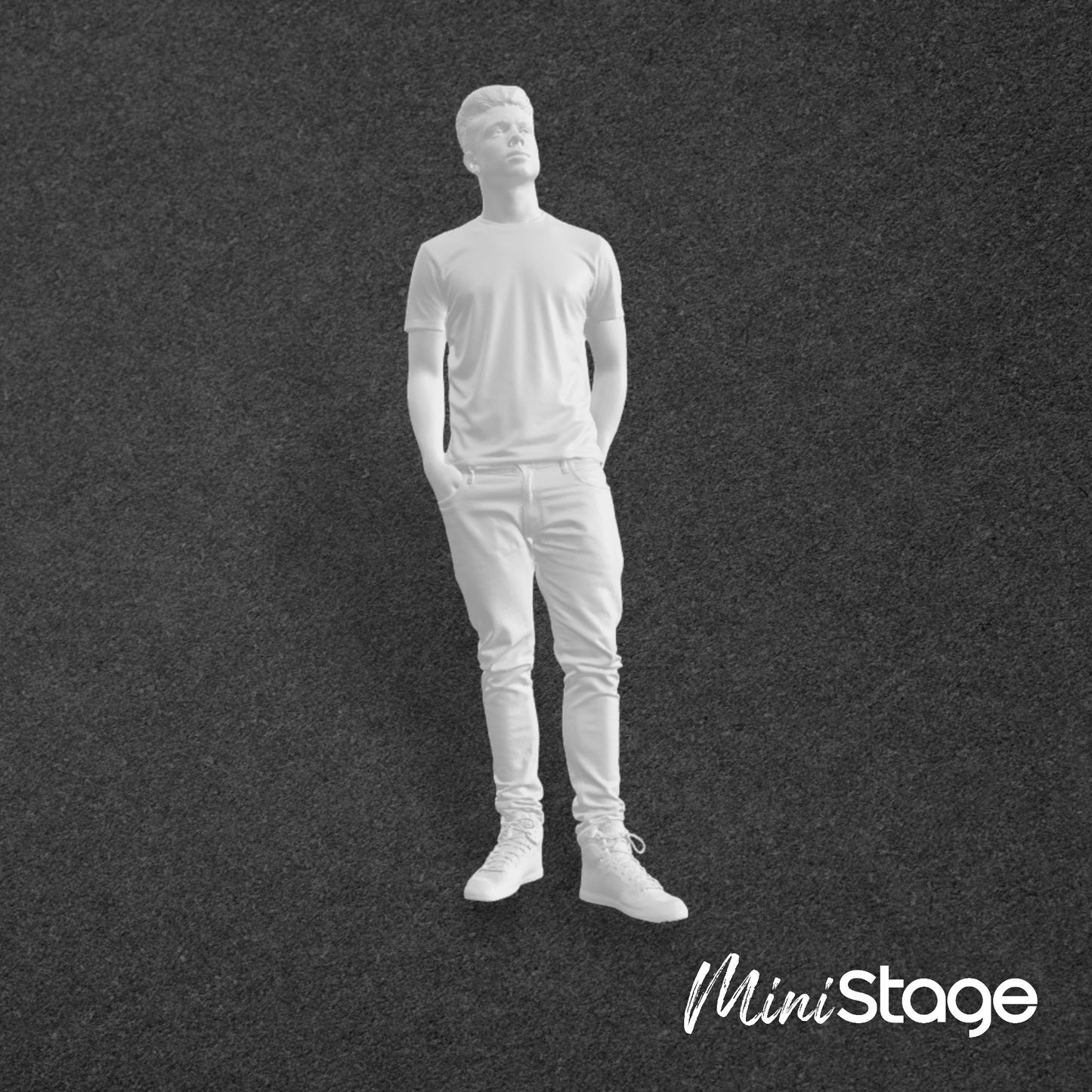 Thomas - Figure of a male standing wearing jeans and a t-shirt, with his hands in his back and frount pockets