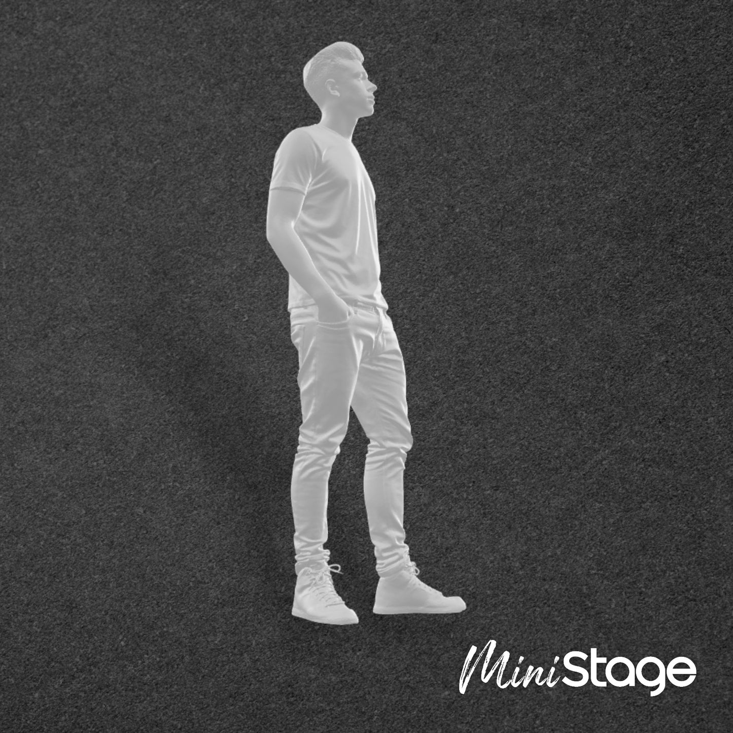 Thomas - Figure of a male standing wearing jeans and a t-shirt, with his hands in his back and frount pockets