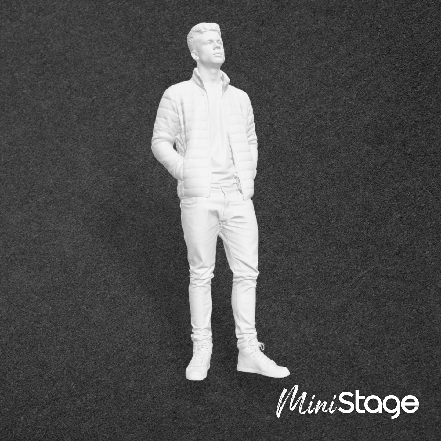 Richard - Figure of a male standing wearing jeans and a puffer jacket, with his hands in his jacket pockets