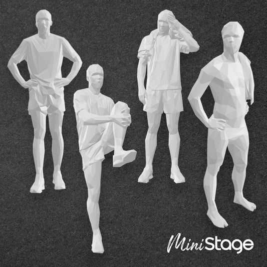 Tom - Set of Four Low Poly Scale Figures of male Athletes, wearing Sports Clothes and Swimming Briefs